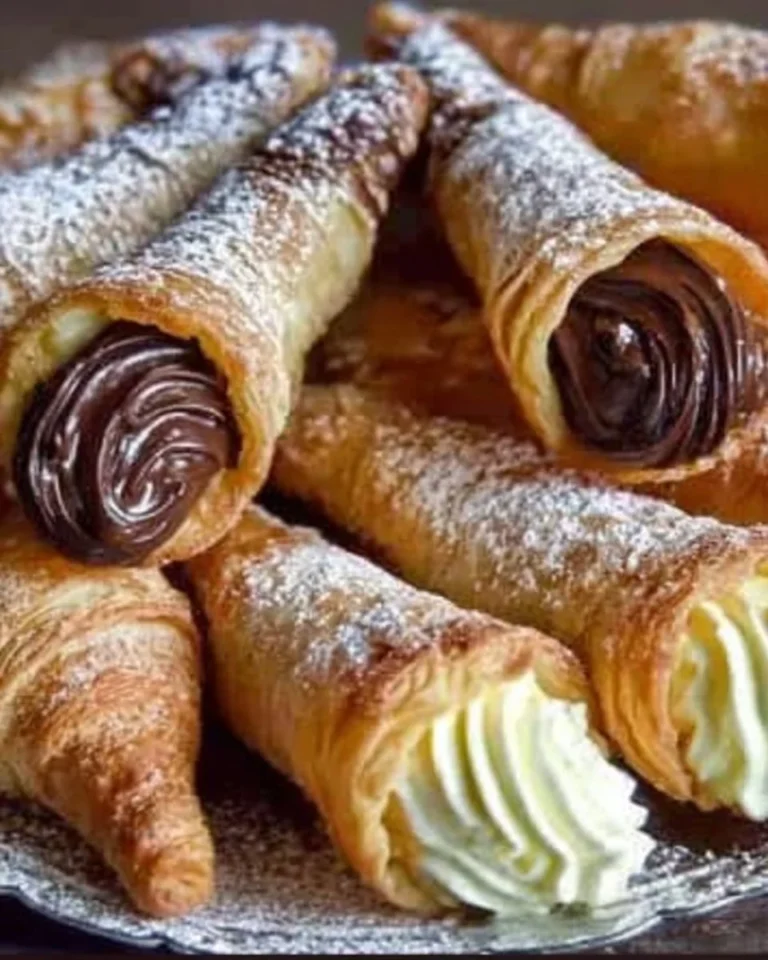 Coni di pasta sfoglia ripieni di Nutella su un piatto decorativo