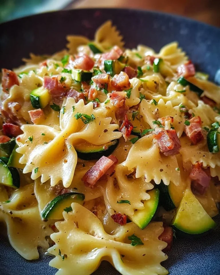 Piatto di Farfalle con Philadelphia, zucchine fresche e speck croccante
