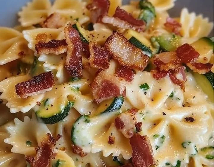 Farfalle con Philadelphia, zucchine e speck croccante in un piatto colorato