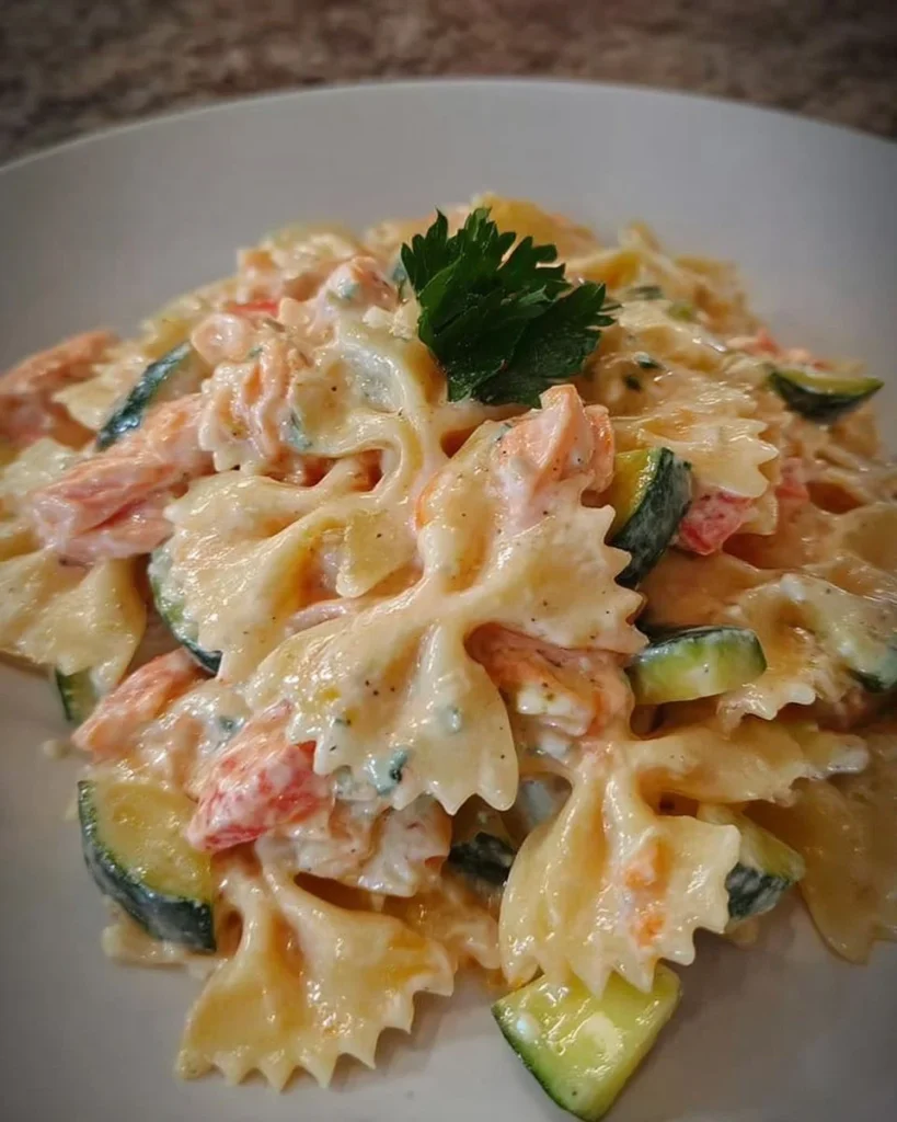 Farfallette con salmone e zucchine, piatto italiano colorato e delizioso.