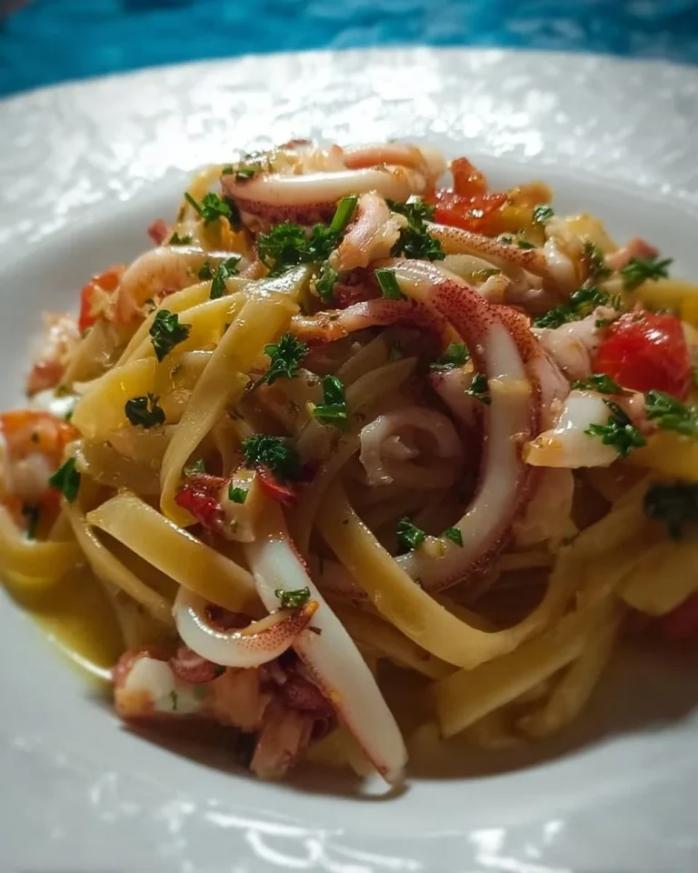 Fettuccine con calamaretti in un piatto gourmet
