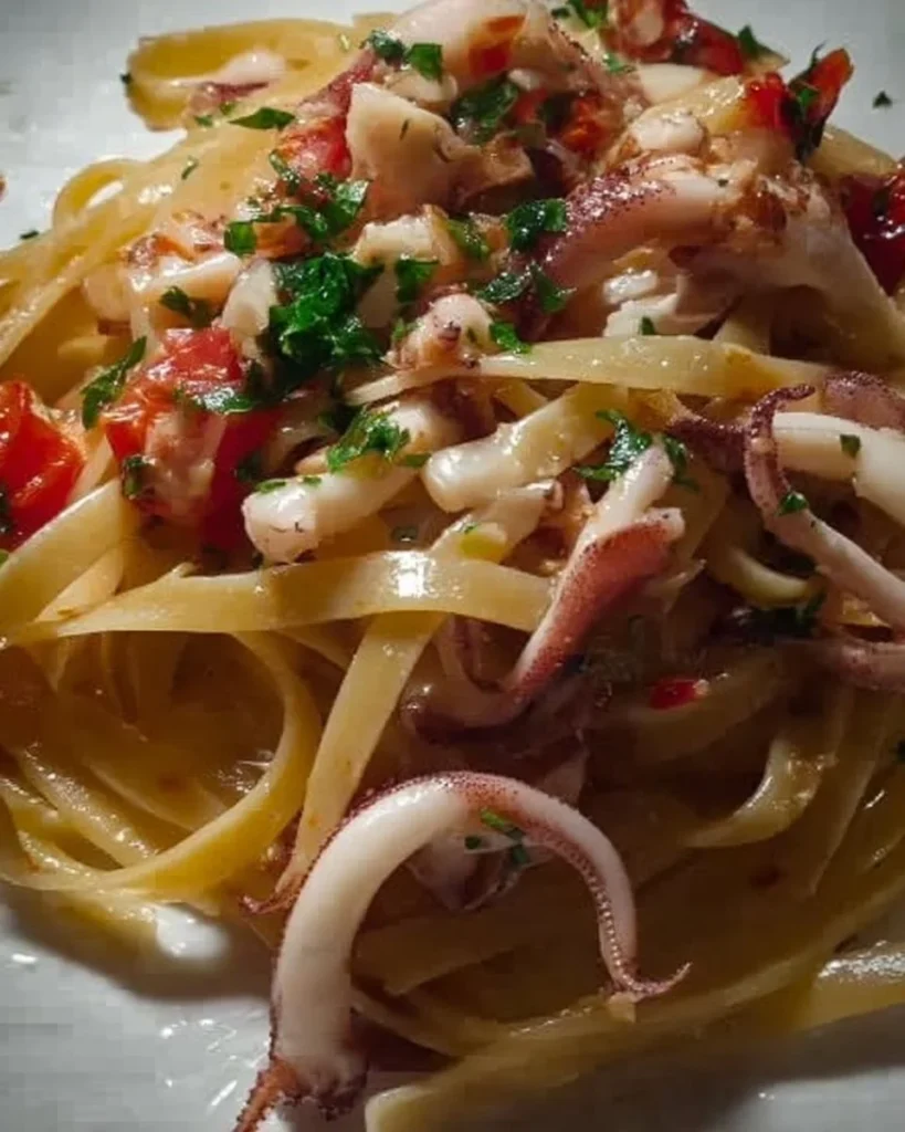 Fettuccine con calamaretti serviti in un piatto elegante