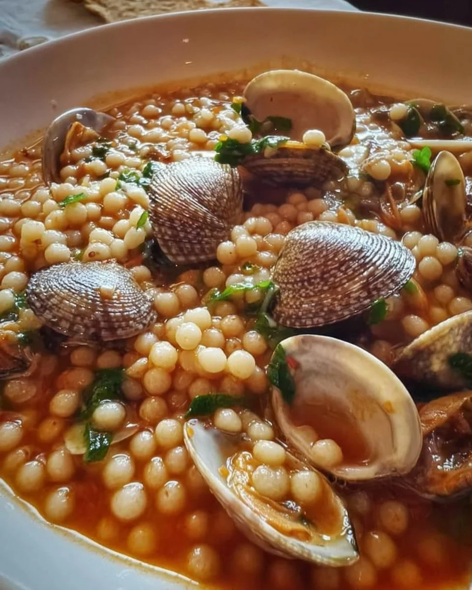Piatto di Fregula con Arselle, specialità culinaria sarda