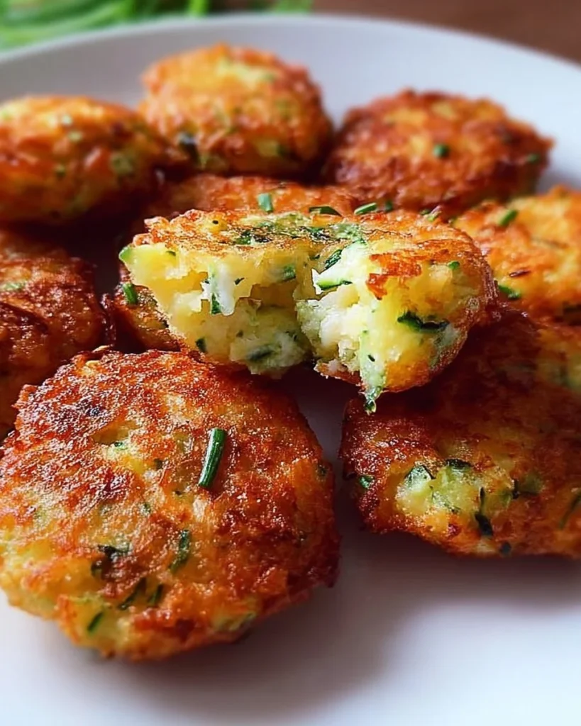 Frittelle di zucchine e patate appena cucinate, servite su un piatto.