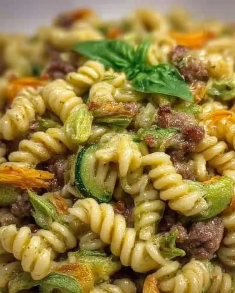 Fusilli con fiori di zucchina, zucchine e salsiccia in un piatto colorato