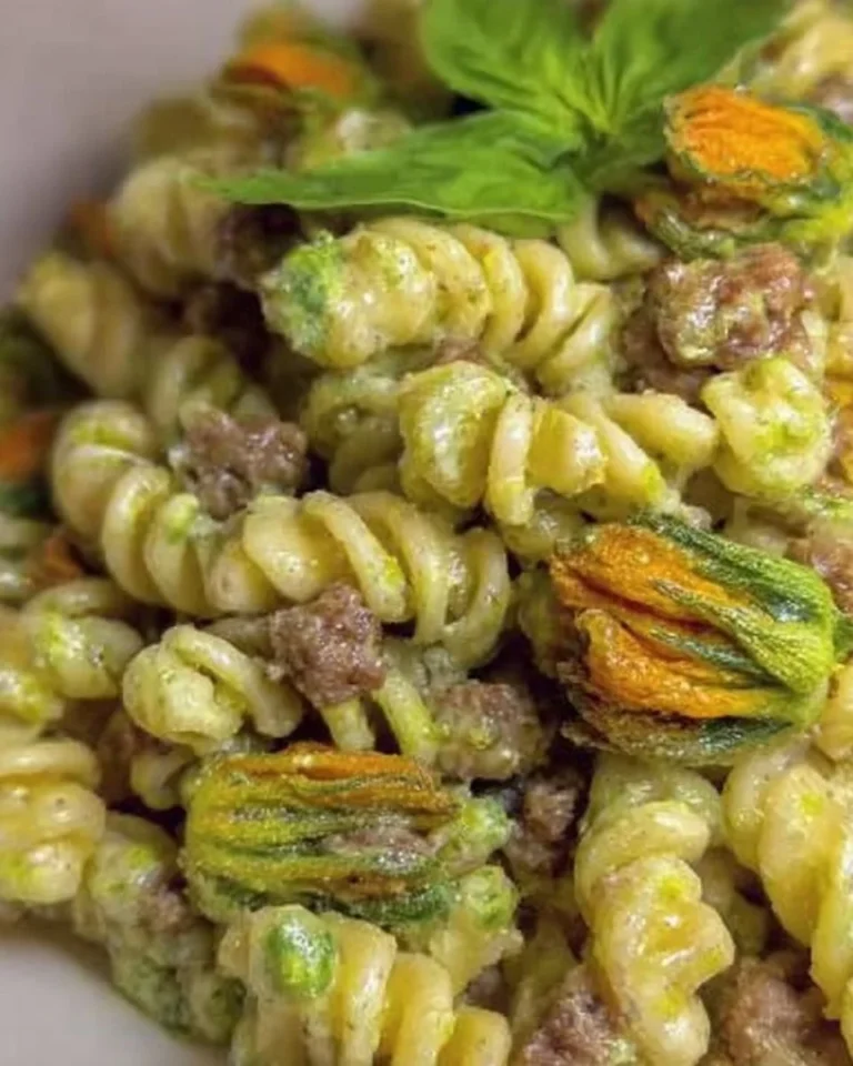 Fusilli con fiori di zucchina, zucchine e salsiccia su un piatto verde