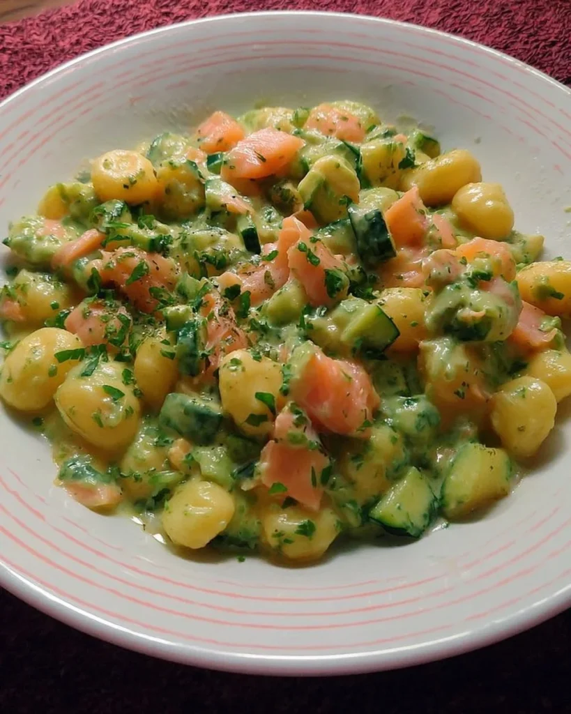 Piatto di gnocchetti zucchine e salmone affumicato servito con erbe fresche