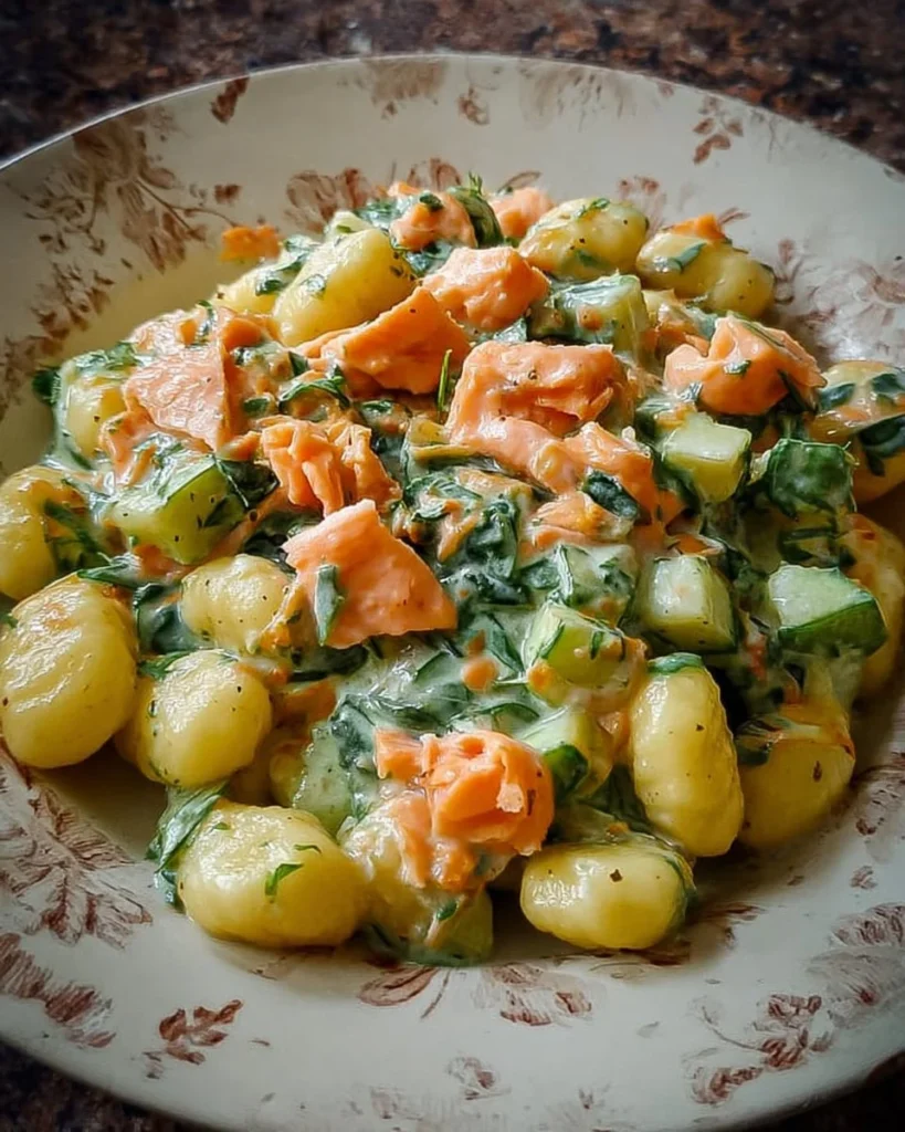 Gnocchetti Zucchine e Salmone Affumicato serviti con erbe fresche