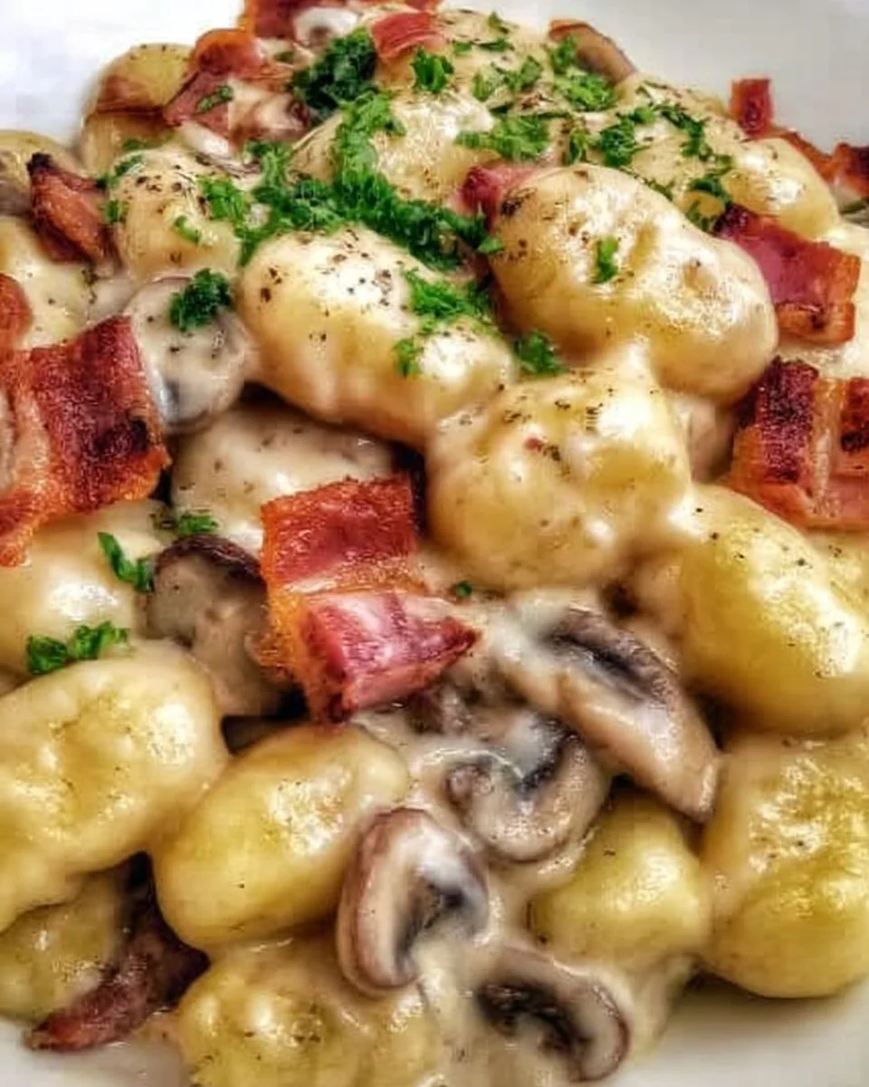 Piatto di gnocchi con crema al parmigiano, funghi e speck in un delizioso contesto culinario