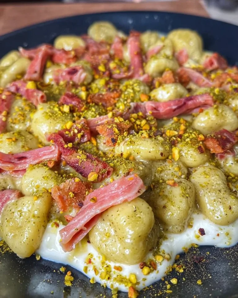 Gnocchi con pesto di pistacchi, mortadella e stracciatella