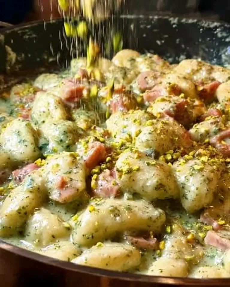 Gnocchi pesto di pistacchi e mortadella serviti in un piatto rustico.