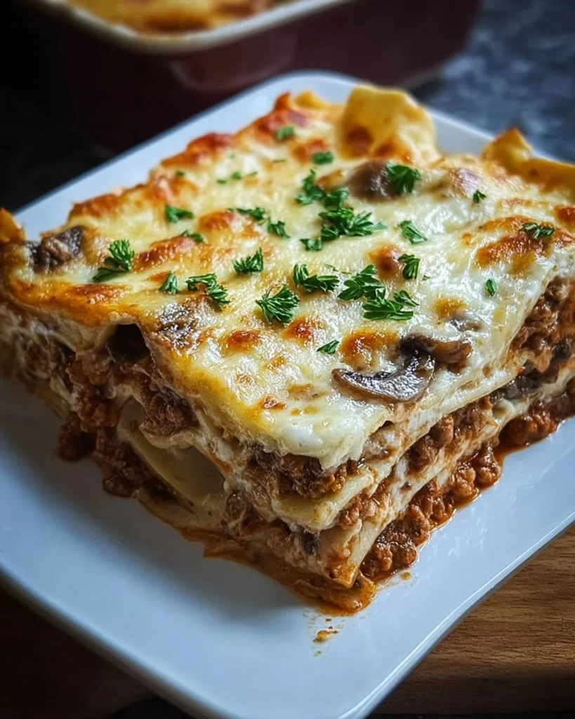 Lasagna con funghi e salsiccia ben gratinata al forno