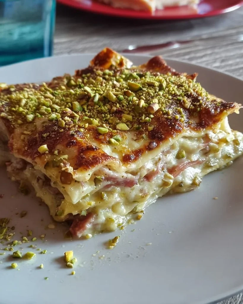 Lasagne con mortadella e pistacchi, un piatto gustoso e creativo della cucina italiana.