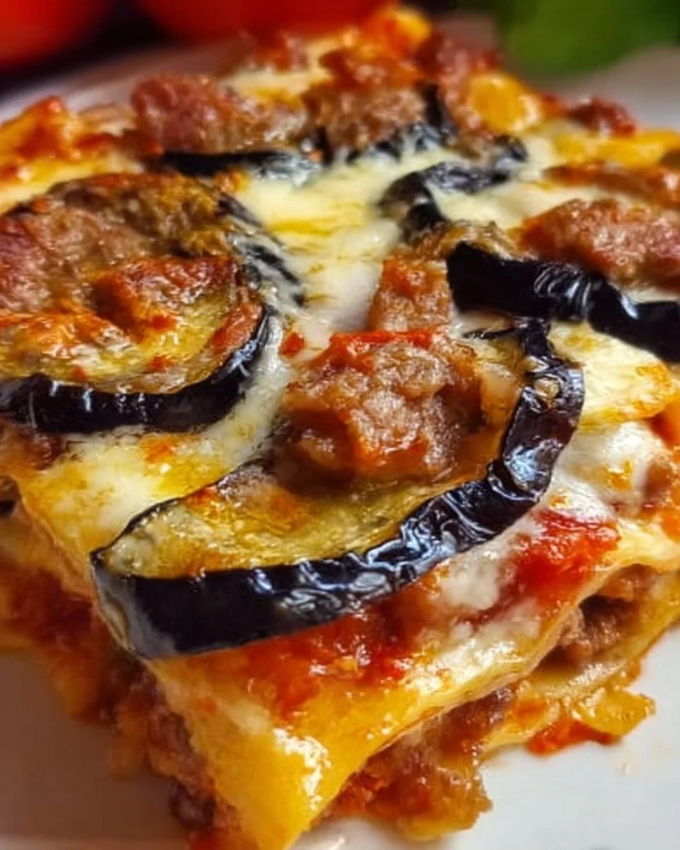 Lasagne salsicce melanzane e provola appena sfornate, pronte da gustare.