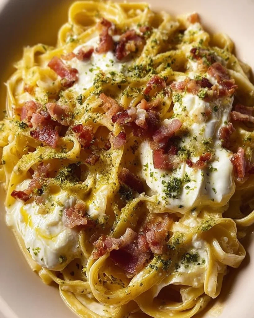 Linguine con Pesto di Pistacchio, Bufala e Pancetta servito su un piatto
