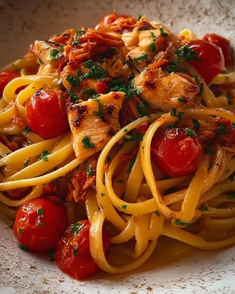 Linguine con pomodorini e pesce spada, piatto italiano delizioso.