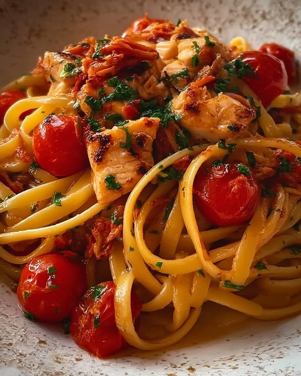 Linguine con pomodorini e pesce spada, piatto italiano delizioso.