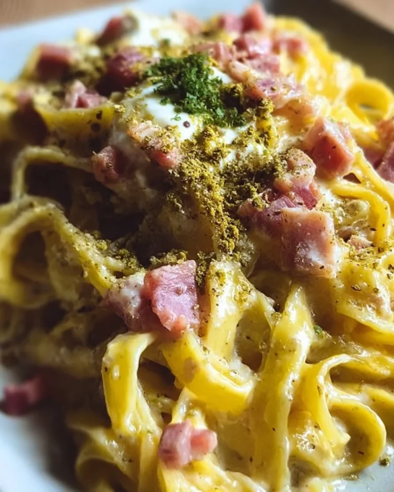 Linguine con pesto di pistacchio, mozzarella di bufala e bacon