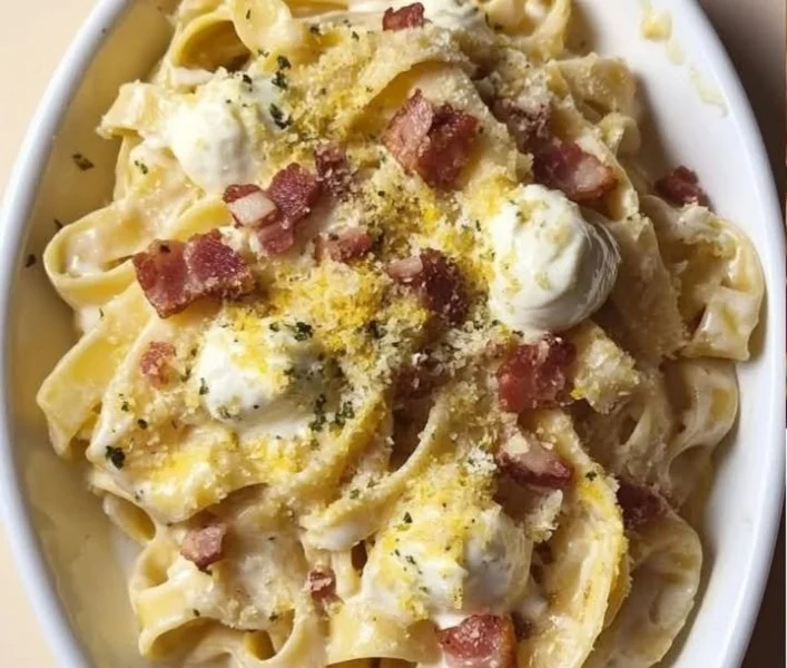 Piatto di linguine con pesto di pistacchio, mozzarella di bufala e pancetta croccante.