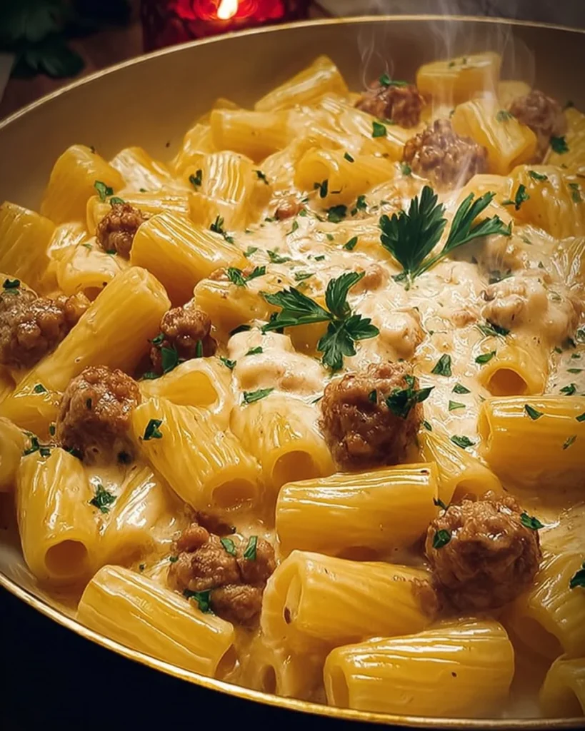 Pasta Mezze Maniche rigate con crema di fagioli e salsiccia in un piatto rustico.