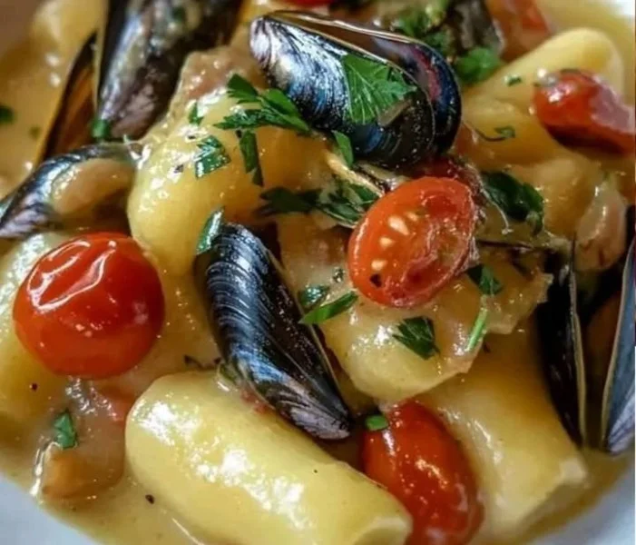 Pasta mezze maniche con crema di patate e cozze su un piatto