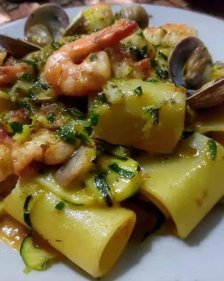 Mezzi paccheri con gamberetti, vongole e zucchine su un piatto