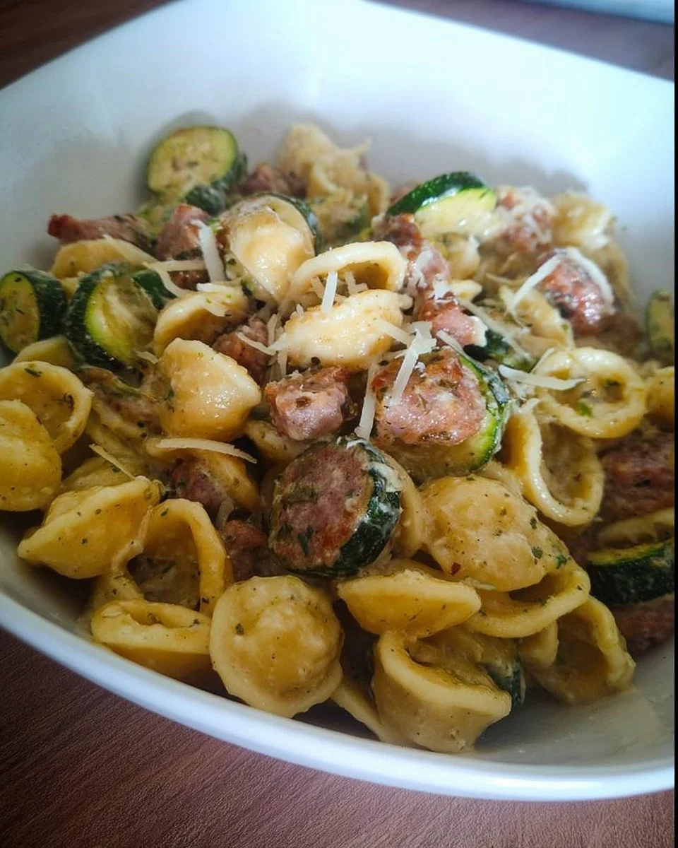 Orecchiette con zucchine e salsiccia, un piatto tradizionale italiano ricco di sapore.