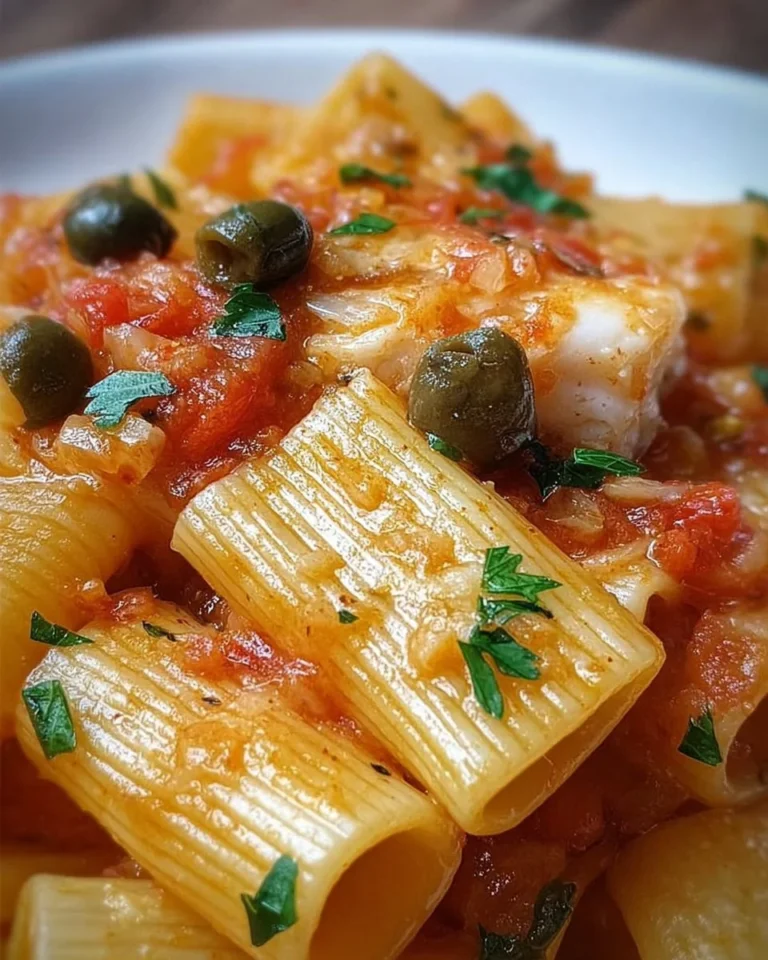 Paccheri con baccalà serviti in un piatto invitante