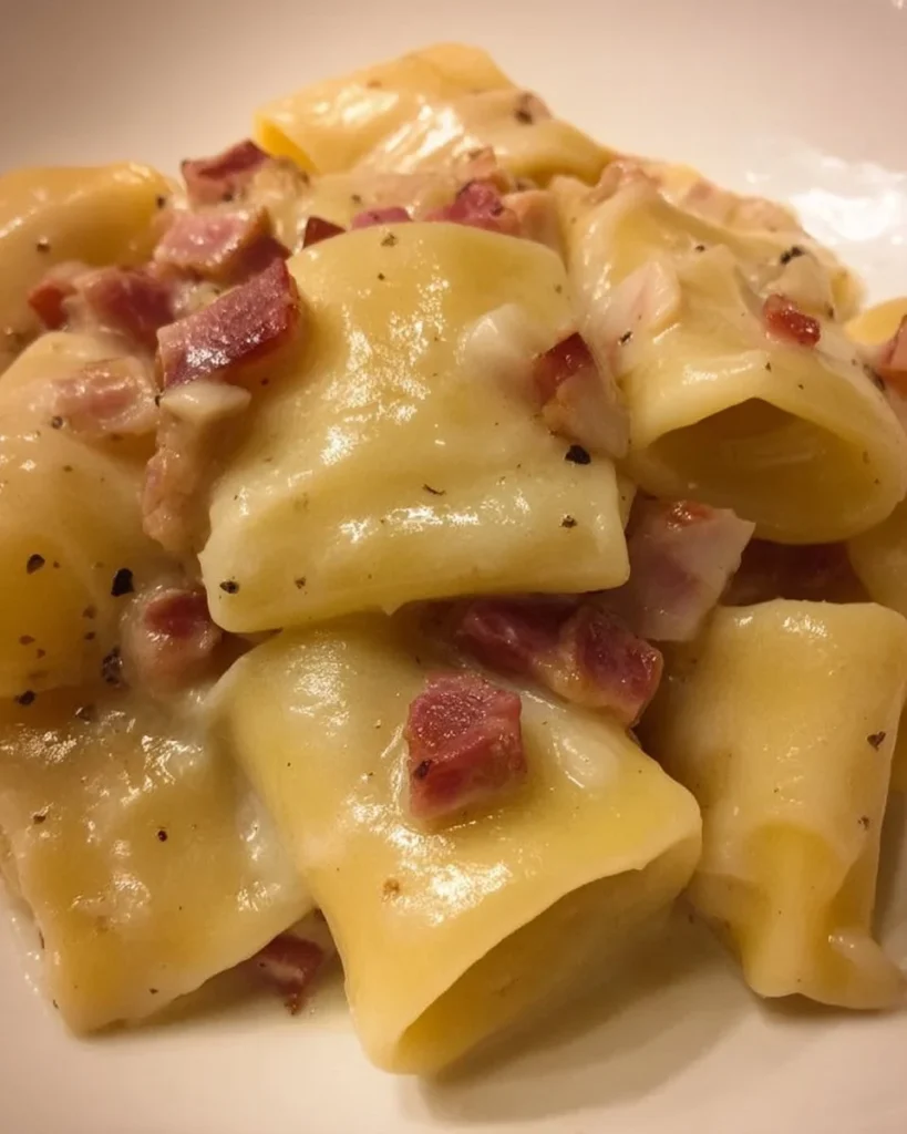 Paccheri con patate, pancetta e scamorza affumicata serviti in un piatto.