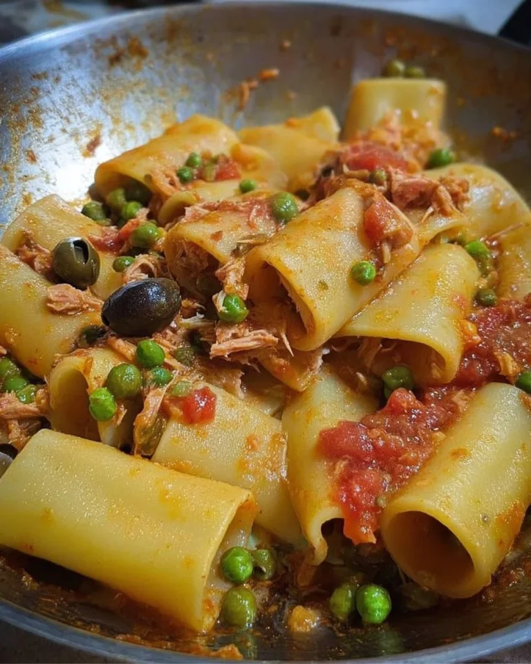Paccheri con tonno, piselli e olive su un piatto colorato