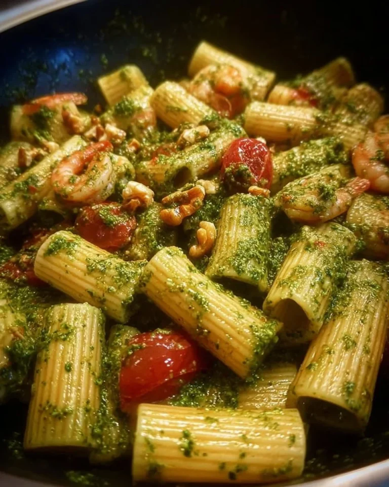 Paccheri rigati di Gragnano con pesto di rucola, pomodorini, noci e gamberetti