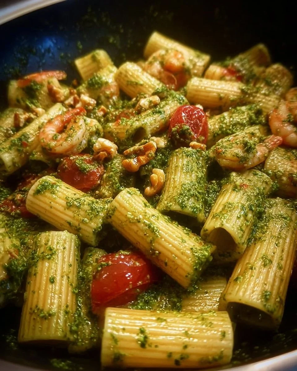 Paccheri rigati di Gragnano con pesto di rucola, pomodorini, noci e gamberetti