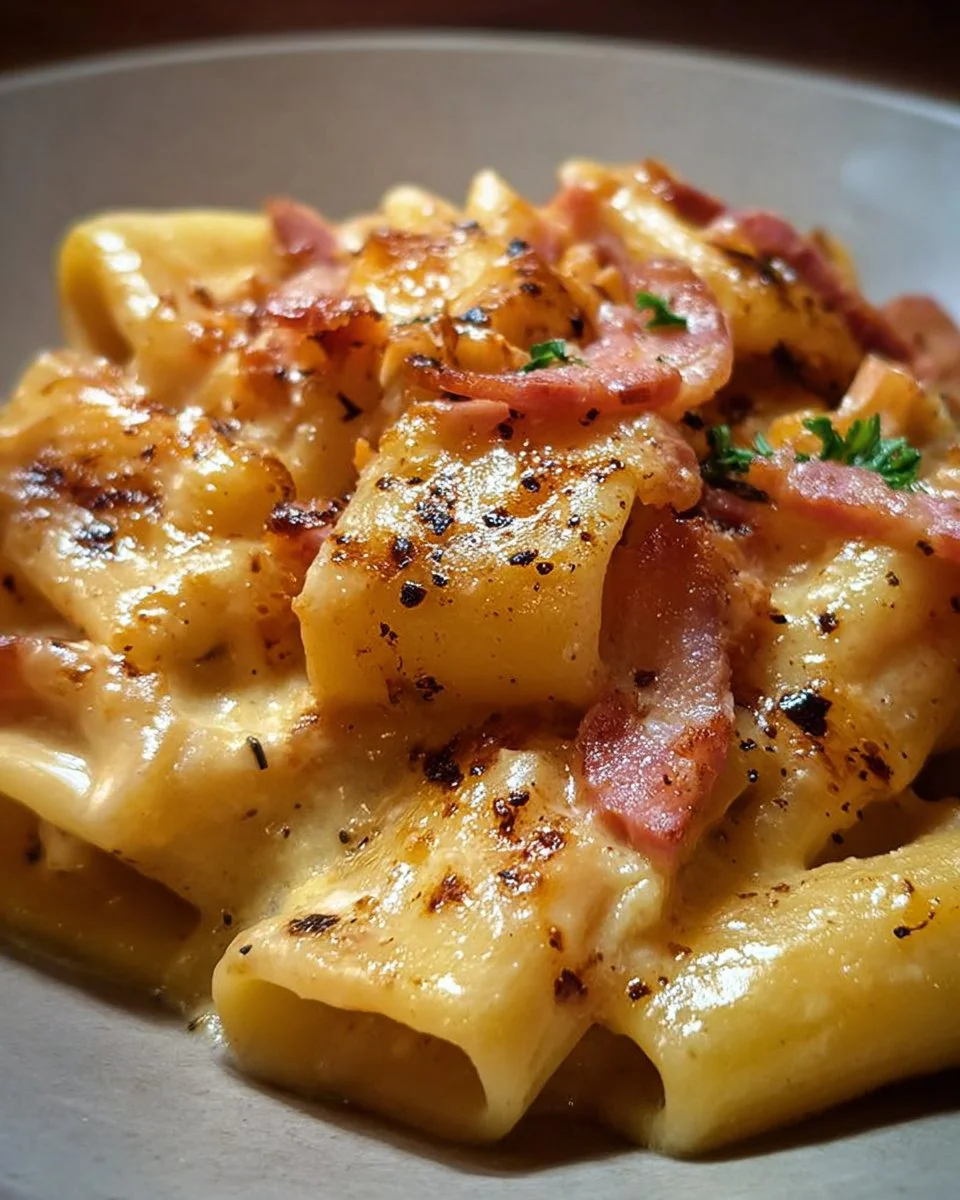 Paccheri con patate, pancetta e scamorza affumicata in un piatto appetitoso