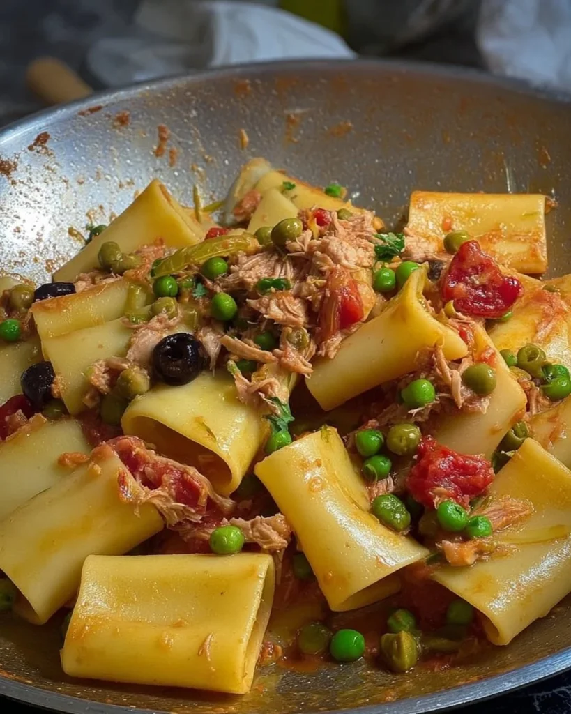 Paccheri con tonno, piselli e olive serviti in un piatto