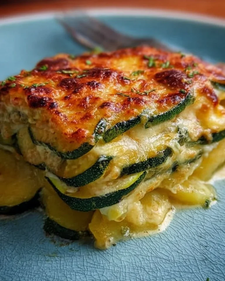 Parmigiana bianca con zucchine e patate pronta da servire su un piatto
