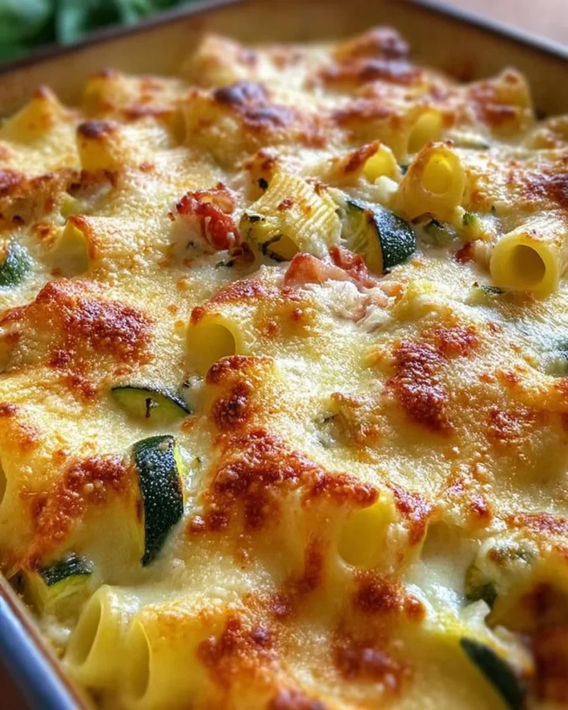Pasta al Forno con Zucchine, Prosciutto Cotto e Galbanino servita in una teglia
