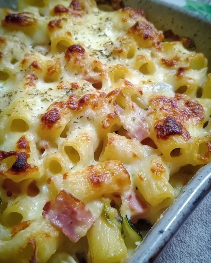 Pasta al Forno con zucchine, cotto e galbanino, un piatto italiano appetitoso.