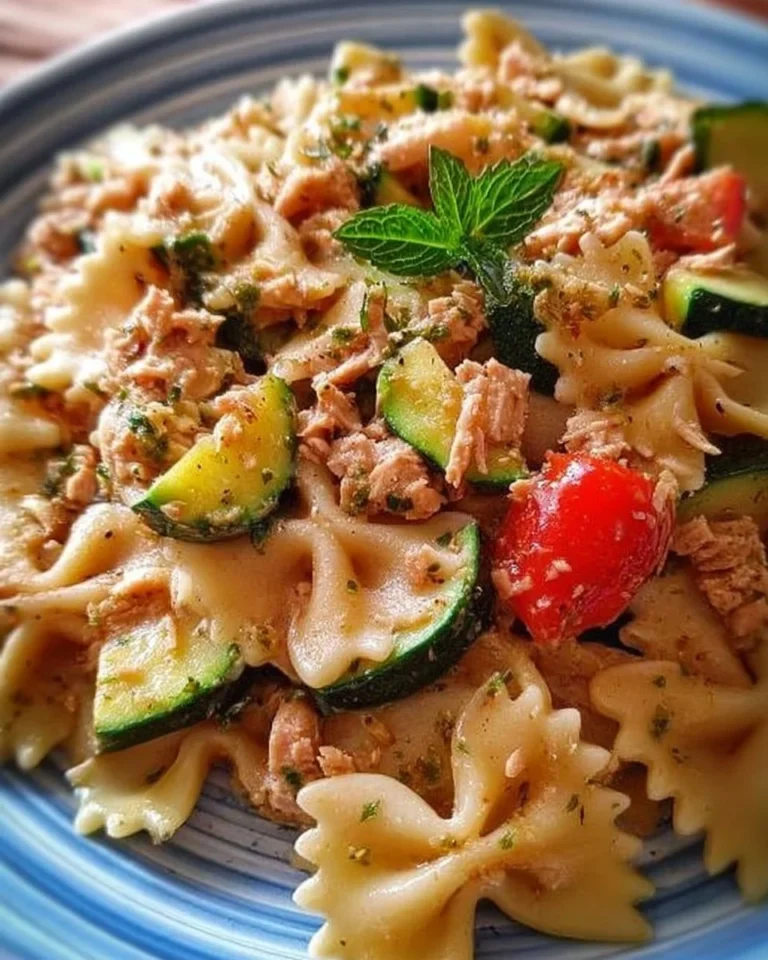 Pasta al tonno e zucchine servita in un piatto colorato