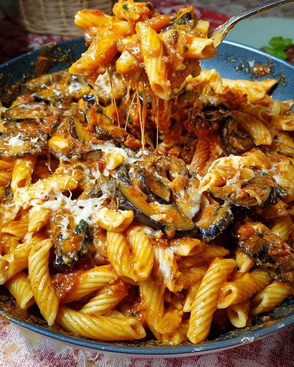 Pasta con Melanzane Fritte e Provola Affumicata servita in un piatto delizioso