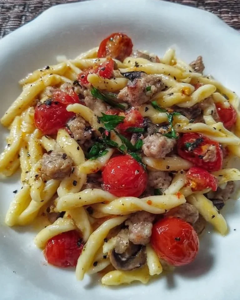 Pasta con salsiccia, funghi e pomodorini in un piatto gustoso