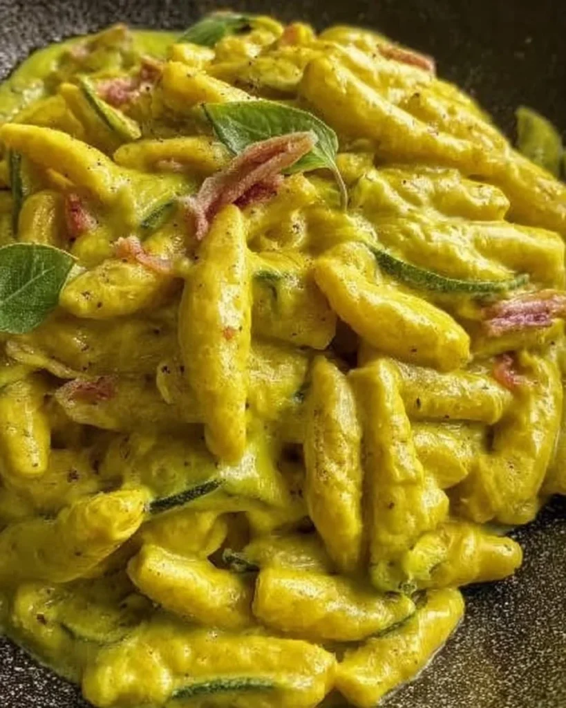Pasta fresca con crema di zucchine, robiola e zafferano servita su un piatto.