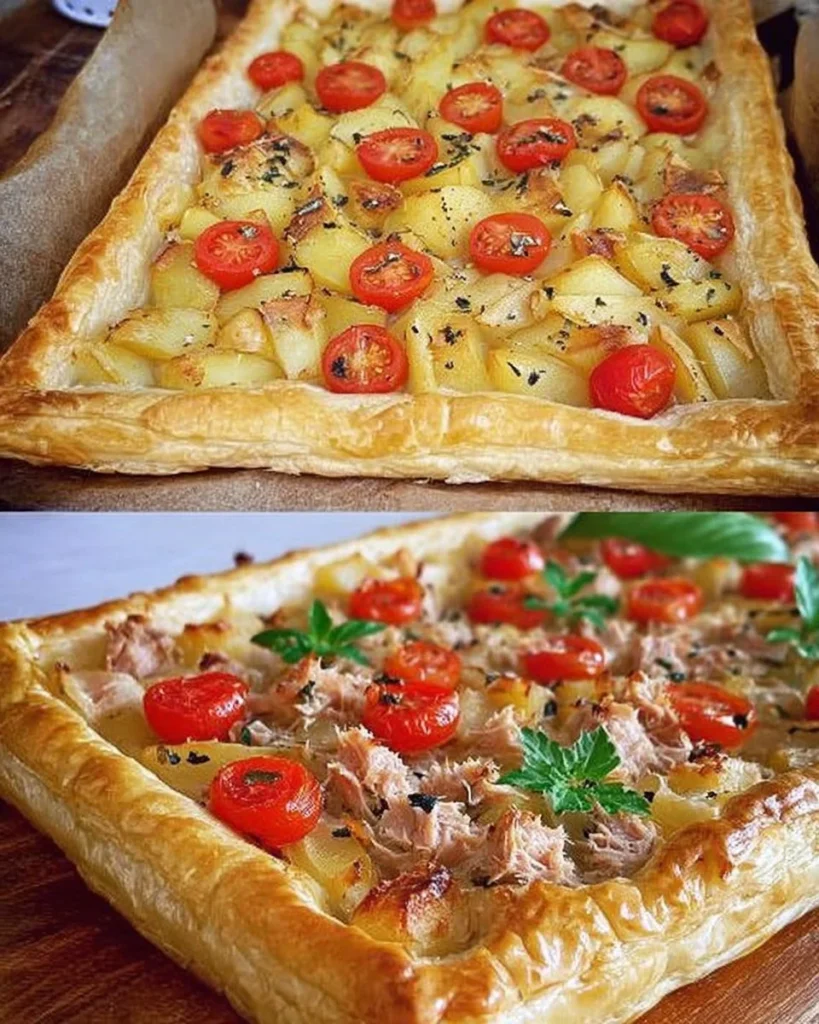 Pasta Sfoglia con Patate, Pomodorini e Tonno servita nel piatto