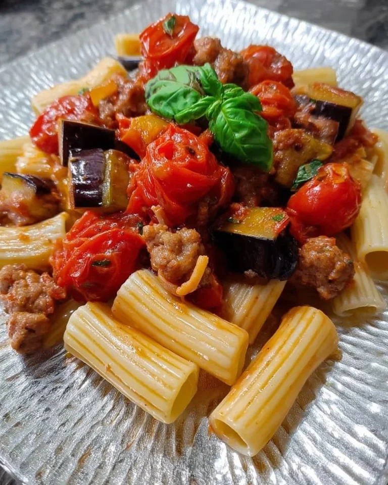Pasta con melanzane, pomodorini e salsiccia in un piatto delizioso