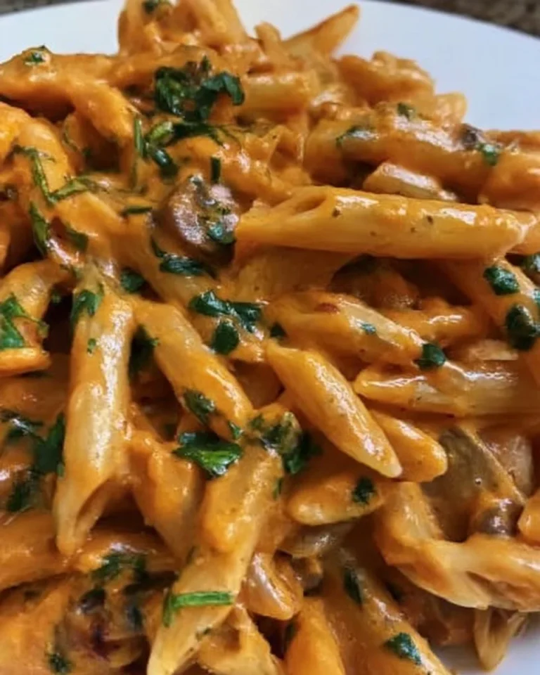 Penne ai funghi con sugo rosa servite nel piatto