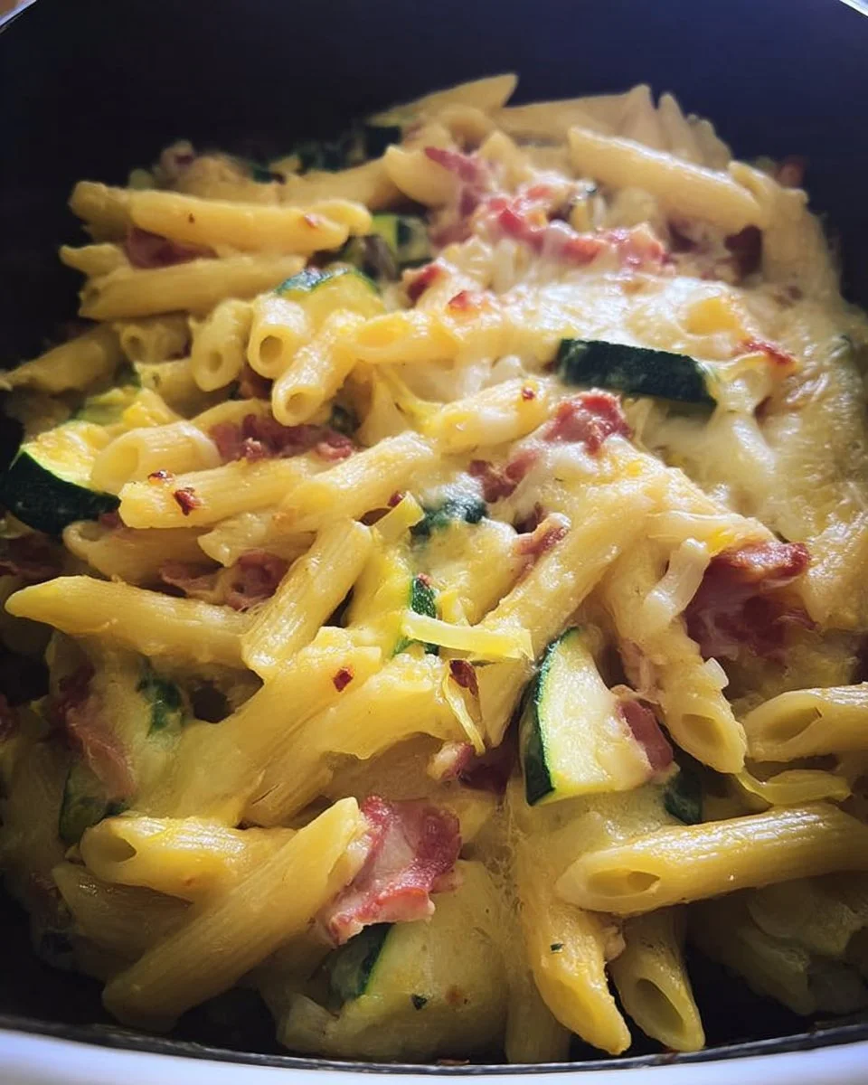 Penne al Forno con Zucchine, Speck e Zafferano appena sfornate
