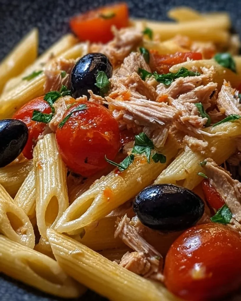 Penne Rigate con Tonno, Pomodorini e Olive servito in un piatto