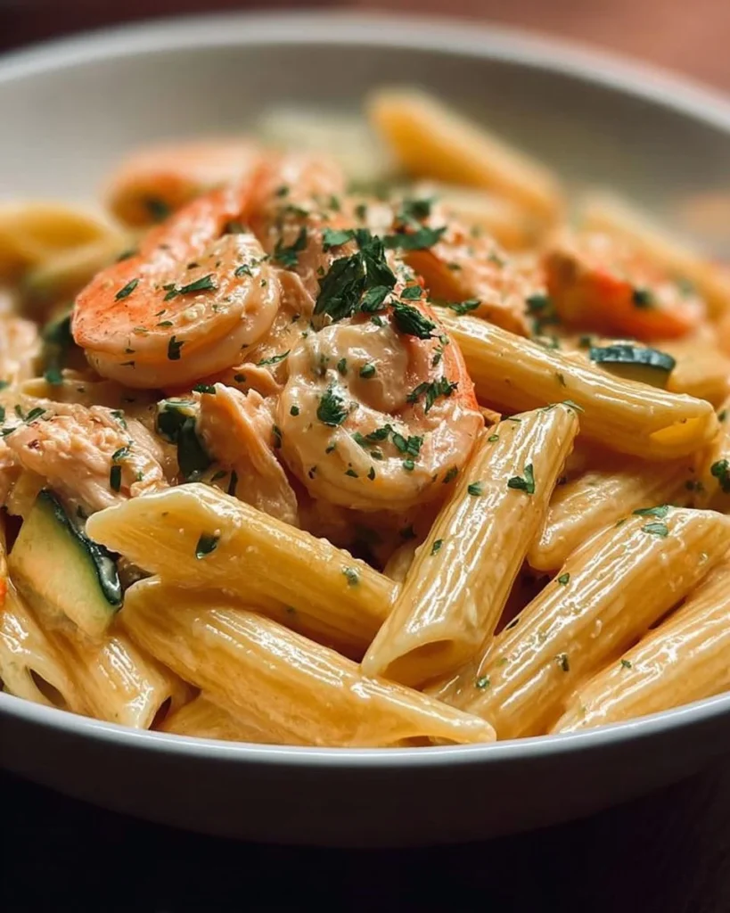 Penne Rigate con zucchine, gamberi e salmone Philadelphia in un piatto gourmet.
