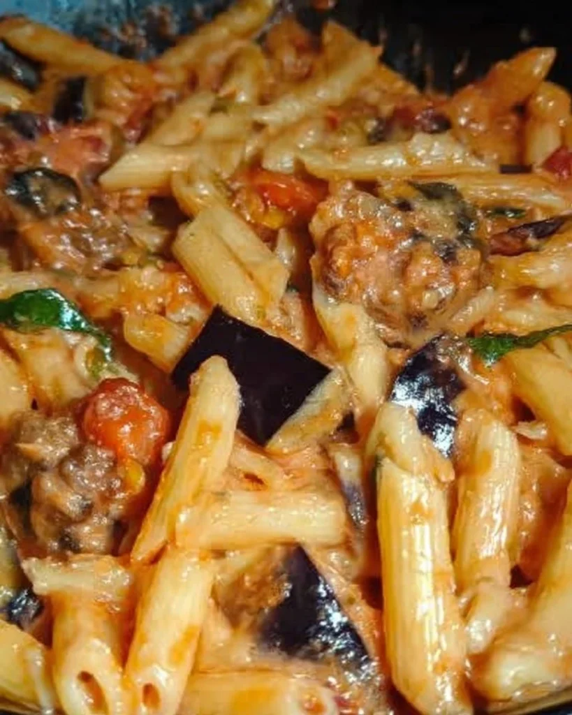 Penne salsicce e melanzane in un piatto gustoso e appetitoso