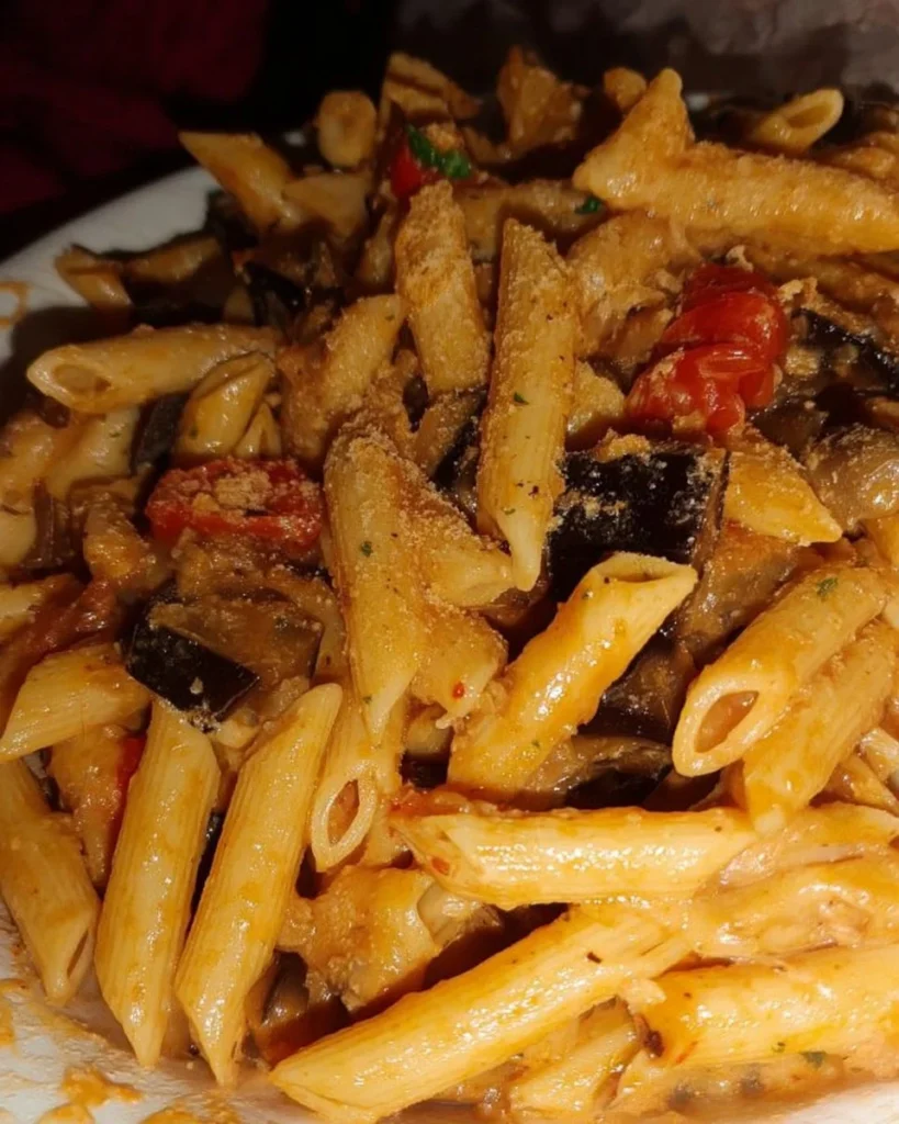 Pennette con Melanzane e Provola, un piatto tipico della cucina italiana.