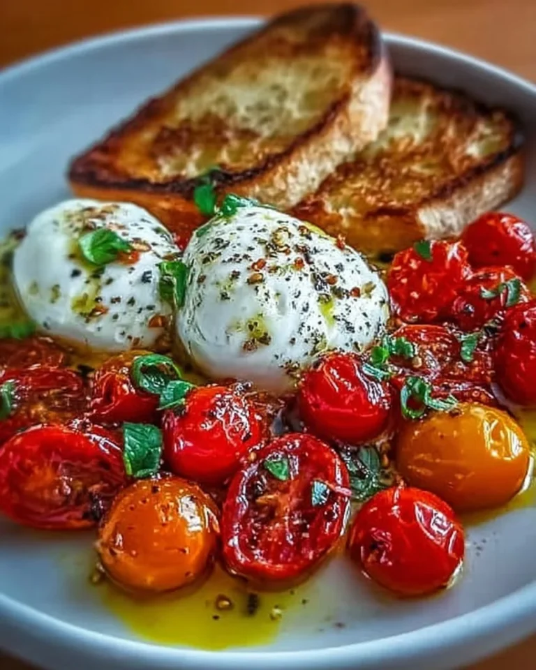Pomodori arrostiti con burrata e pane tostato in un piatto appetitoso.